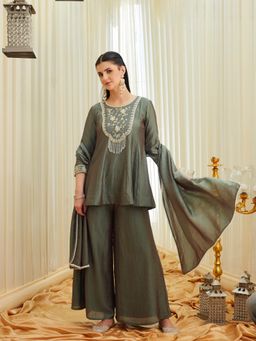 MOKOSH - Womens Olive Silk Embroidred Beads Peplum Kurti with Sharara & Dupatta