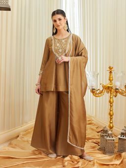 MOKOSH - Womens Copper Silk Embroidred Beads Peplum Kurti with Sharara & Dupatta