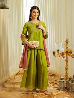 MOKOSH - Womens Green Silk Embroidred Embroidered Kurti with Sharara & Dupatta
