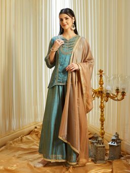 MOKOSH - Womens Blue Silk Embroidred Embroidered Kurti with Sharara & Dupatta