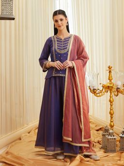 MOKOSH - Womens Purple Silk Embroidred Embroidered Kurti with Sharara & Dupatta