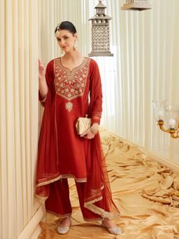 MOKOSH - Womens Rust Silk Embroidred Anarkali Kurta with Pant & Dupatta