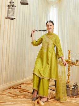 MOKOSH - Womens Green Silk Embroidred Anarkali Kurta with Pant & Dupatta