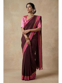 Huts and Looms - Stripes Border Maroon Handwoven Cotton Saree