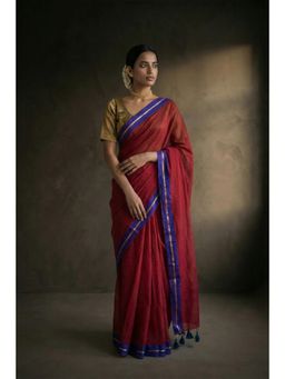Huts and Looms - Golden Stripes Border Maroon Handwoven Cotton Saree