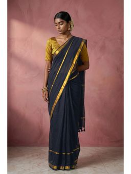 Huts and Looms - Golden Zari Stripes Border Black Handwoven Cotton Saree
