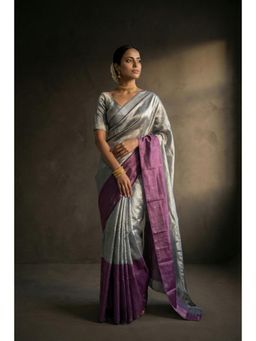 Huts and Looms - Silver & Purple Colorblock Handwoven Tissue Saree