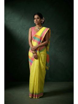 Huts and Looms - Stripes Lemon Yellow Handwoven Cotton Saree