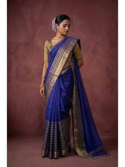Huts and Looms - Golden Zari Stripes Border Purple Handwoven Tissue Saree