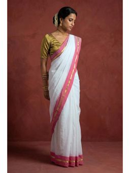 Huts and Looms - Stripes Border White Handwoven Cotton Saree