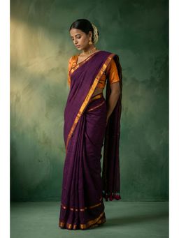 Huts and Looms - Golden Border Plum Purple Handwoven Cotton Saree