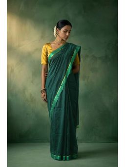 Huts and Looms - Golden Border Bottle Green Handwoven Cotton Saree