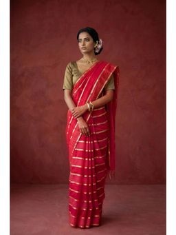 Huts and Looms - Red Handwoven Cotton Zari Stripes Saree
