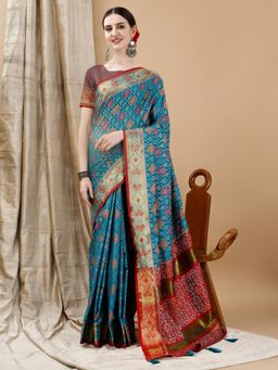 JUST FASHION - Firozi Woven Art Silk Patola Saree with Unstitched Blouse