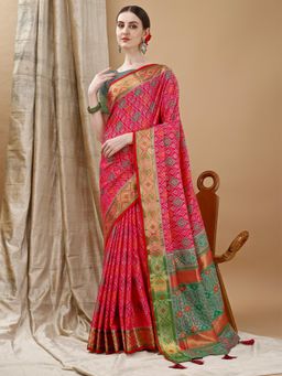 JUST FASHION - Dark Pink Woven Art Silk Patola Saree with Unstitched Blouse
