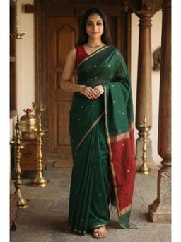 Anjaneya Sarees - Green Designer Cotton Silk Kanjivaram Solid Saree with Unstitched Blouse