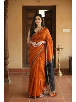 Anjaneya Sarees - Orange Designer Cotton Silk Kanjivaram Solid Saree with Unstitched Blouse