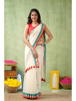 Sutisancha - White Golden Edge Classic Mul Saree with Unstitched Blouse