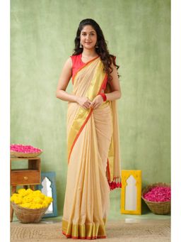 Sutisancha - Beige Golden Edge Classic Mul Saree with Unstitched Blouse