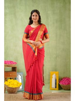 Sutisancha - Pink Golden Edge Classic Mul Saree with Unstitched Blouse