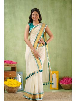 Sutisancha - Golden Edge Rama Radiance Mul Cotton Saree with Unstitched Blouse