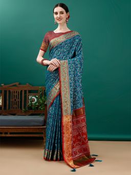 JUST FASHION - Blue Woven Art Silk Patola Saree with Unstitched Blouse