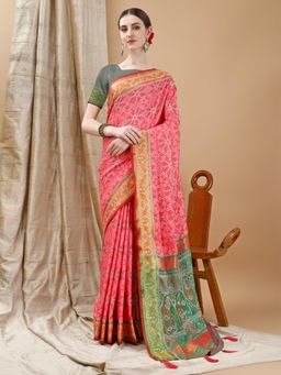 JUST FASHION - Light Pink Woven Art Silk Patola Saree with Unstitched Blouse
