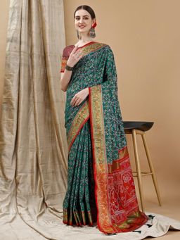 JUST FASHION - Dark Green Woven Art Silk Patola Saree with Unstitched Blouse