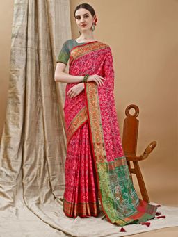 JUST FASHION - Pink Woven Art Silk Patola Saree with Unstitched Blouse