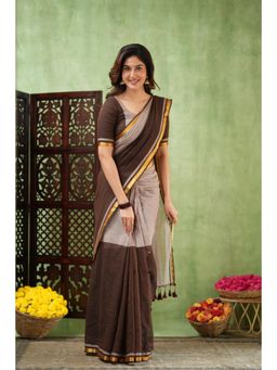Sutisancha - Brown Regal Border Mul Cotton Saree with Unstitched Blouse