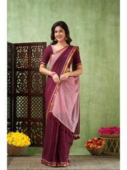 Sutisancha - Wine Regal Border Mul Cotton Saree with Unstitched Blouse
