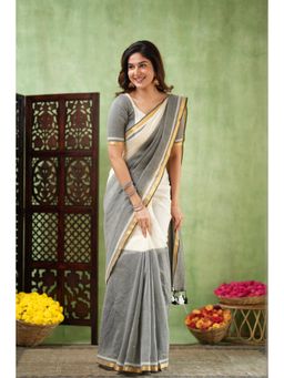 Sutisancha - Grey Regal Border Mul Cotton Saree with Unstitched Blouse