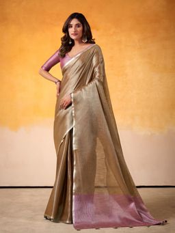 Sutriti - Womens Zari Border Bronze Toned Solid Tissue Linen Saree with Unstitched Blouse