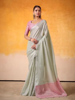 Sutriti - Womens Zari Border Green Toned Solid Tissue Linen Saree with Unstitched Blouse