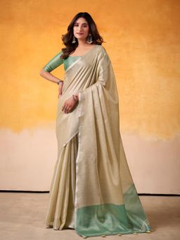 Sutriti - Womens Zari Border Beige Toned Solid Tissue Linen Saree with Unstitched Blouse