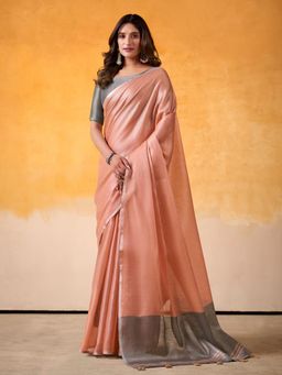 Sutriti - Womens Zari Border Peach Toned Solid Tissue Linen Saree with Unstitched Blouse