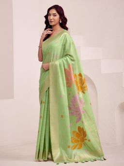 Sutriti - Womens Pista Green Floral Printed Linen Silk Blend Saree with Unstitched Blouse