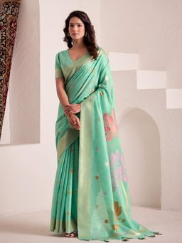 Sutriti - Womens Turquoise Floral Printed Linen Silk Blend Saree with Unstitched Blouse