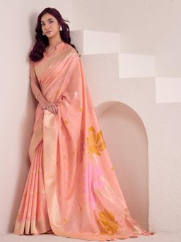 Sutriti - Womens Peach Floral Printed Linen Silk Blend Saree with Unstitched Blouse