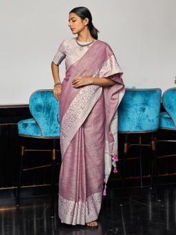 Sutriti - Womens Mauve Woven Design Linen Blend Saree with Unstitched Blouse