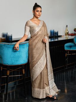 Sutriti - Womens Beige Woven Design Linen Blend Saree with Unstitched Blouse