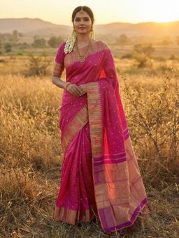 Sutriti - Womens Heavy Zari Geometric Border Magenta Silk Saree with Unstitched Blouse