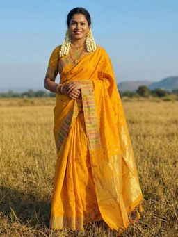Sutriti - Zari Border Haldi Special Mustard Yellow Soft Silk Saree with Unstitched Blouse