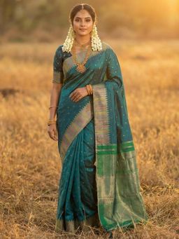 Sutriti - Bottle Green Zari Woven Banarasi Style Semi Silk Saree with Unstitched Blouse