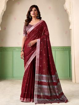 Sutriti - Womens Silver Zari Maroon Woven Design Linen Saree with Unstitched Blouse