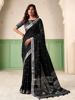 Sutriti - Womens Silver Zari Black Woven Design Linen Saree with Unstitched Blouse