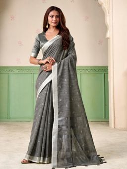 Sutriti - Womens Silver Zari Grey Woven Design Linen Saree with Unstitched Blouse