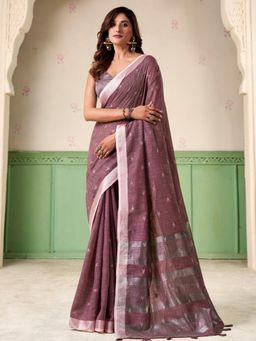 Sutriti - Womens Silver Zari Mauve Woven Design Linen Saree with Unstitched Blouse