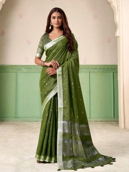 Sutriti - Womens Silver Zari Green Woven Design Linen Saree with Unstitched Blouse