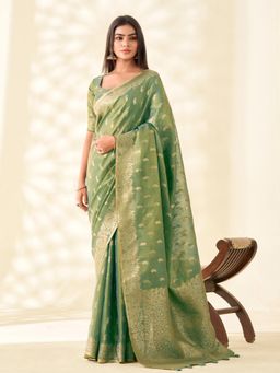 Sutriti - Womens Green Woven Banarasi Tissue Silk Saree with Unstitched Blouse